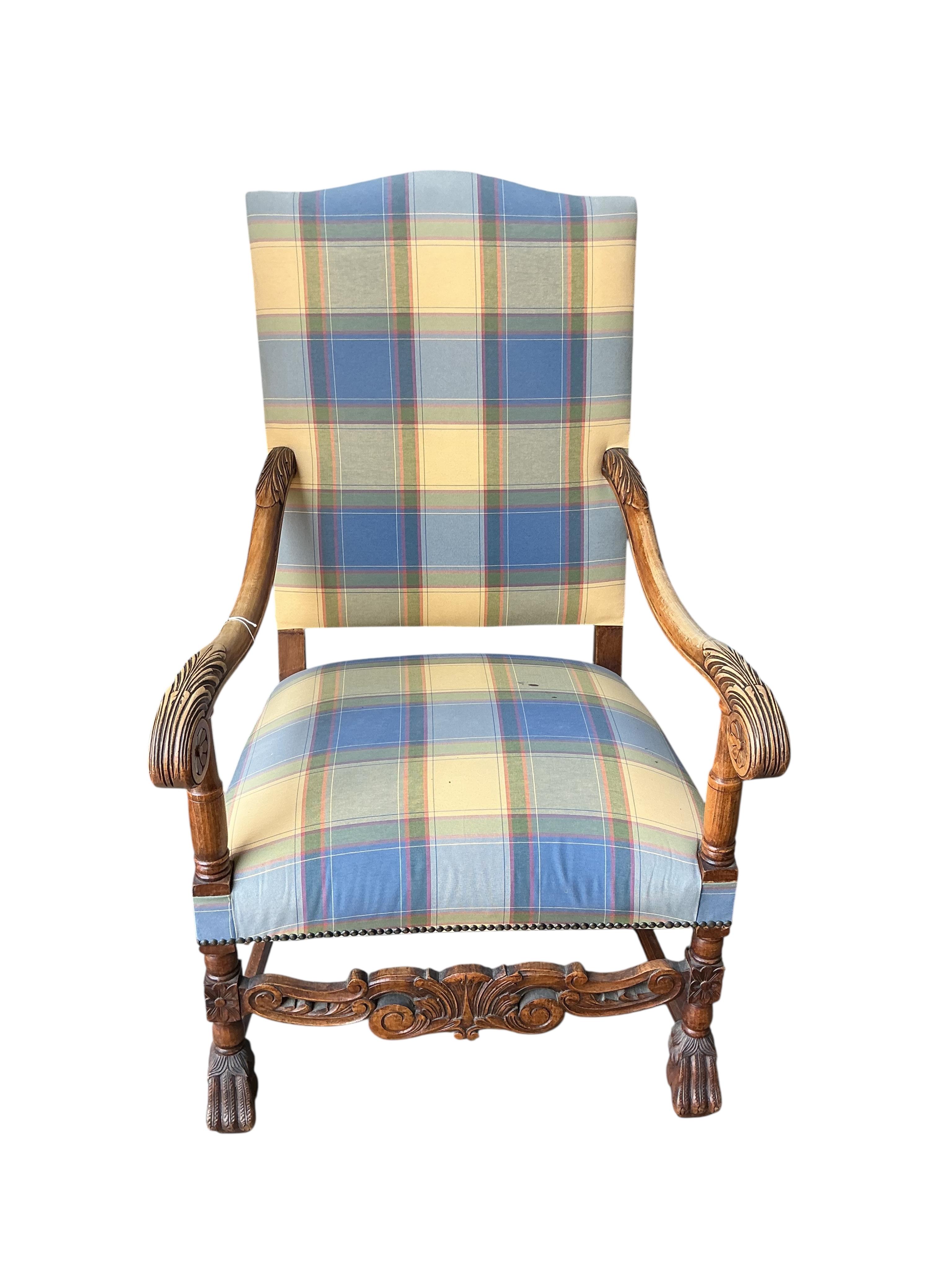 A Louis XVI style upholstered walnut armchair, width 65cm, depth 65cm, height 108cm